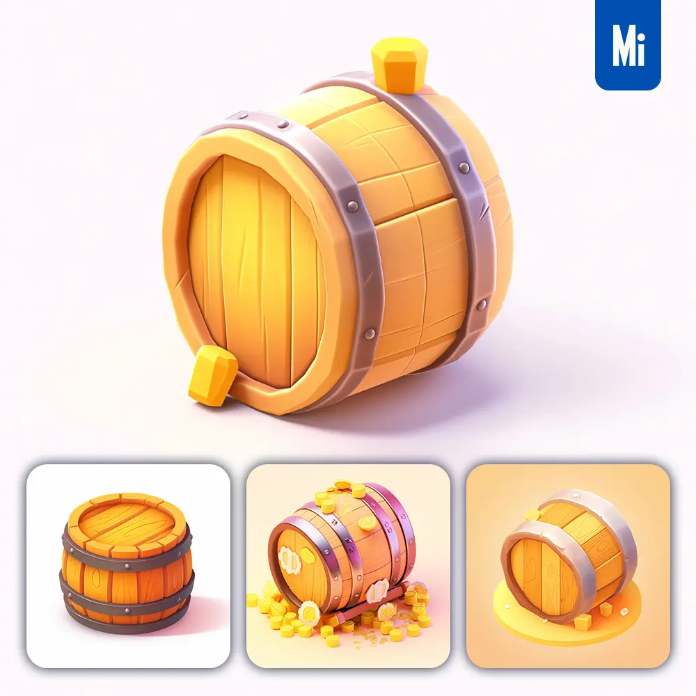 Midjourney Prompt Wooden Vat Barrel Wine Icon 3D Game Golden Gold UI