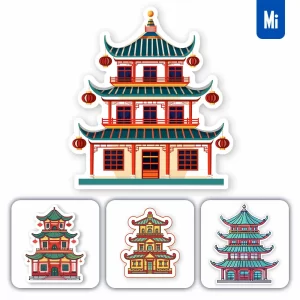 Midjourney Prompt Chinese Building Temple Logo Vector Sticker Line Cartoon