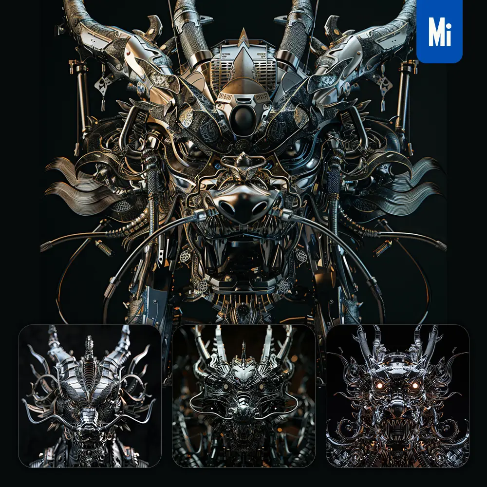 Midjourney Prompt Chinese Dragon Mechanical Head 3D Mecha Robotic Science Fiction AI