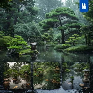Midjourney Prompt Japanese Garden Rain Koi Fish Pond Raindrop Landscape Photography