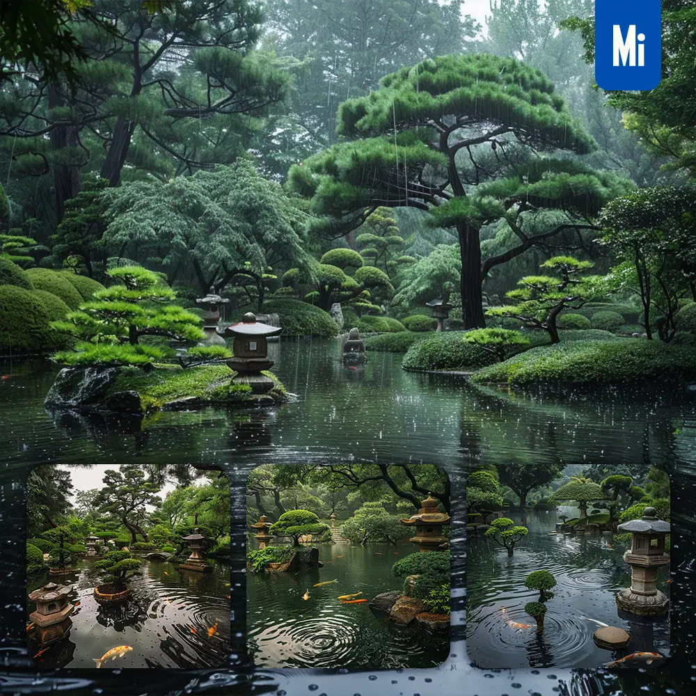 Midjourney Prompt Japanese Garden Rain Koi Fish Pond Raindrop Landscape Photography
