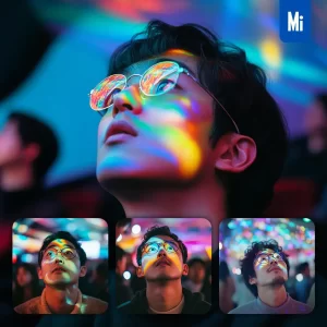 Midjourney Prompt Korean Asian Man Colorful Look Up Light Face Head Photography