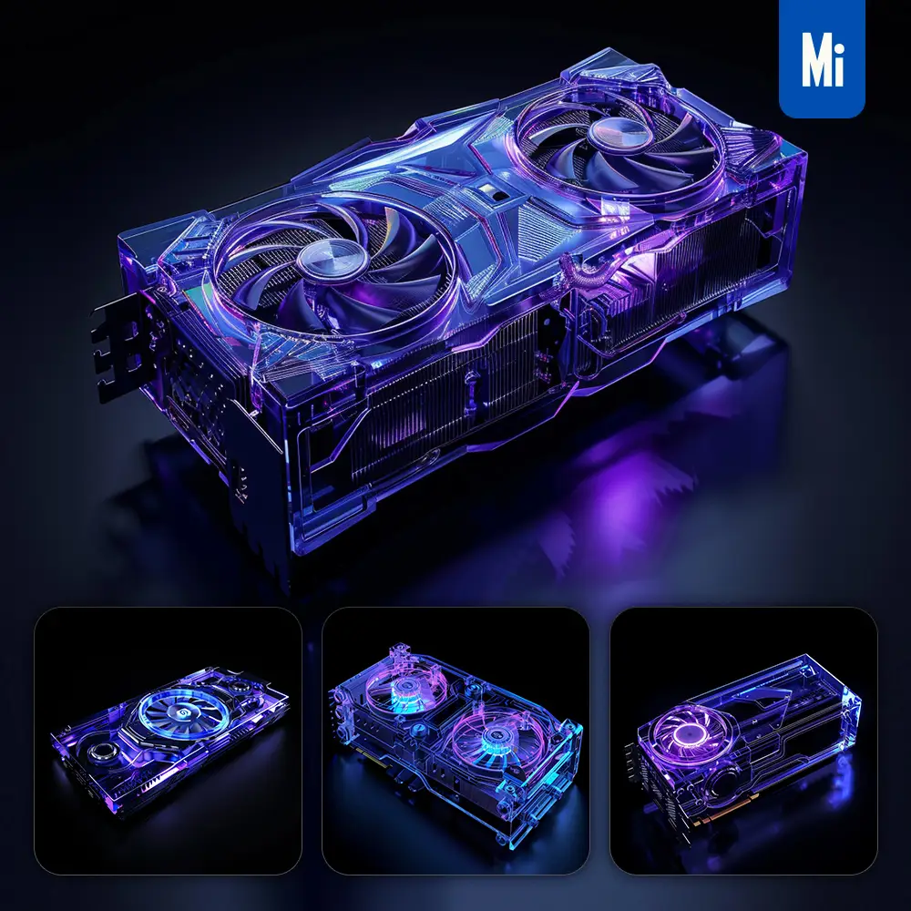 Midjourney Prompt NVIDIA GPU GeForce Graphics Card 3D Blue Transparent Structure