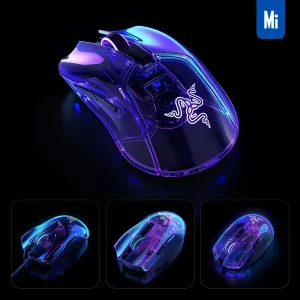 Midjourney Prompt Razer Mouse 3D Blue Transparent Structure