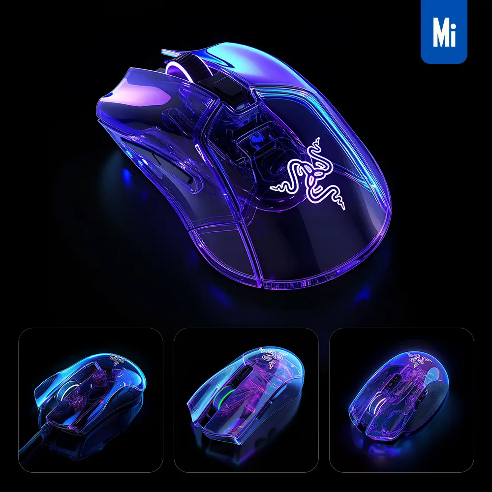 Midjourney Prompt Razer Mouse 3D Blue Transparent Structure
