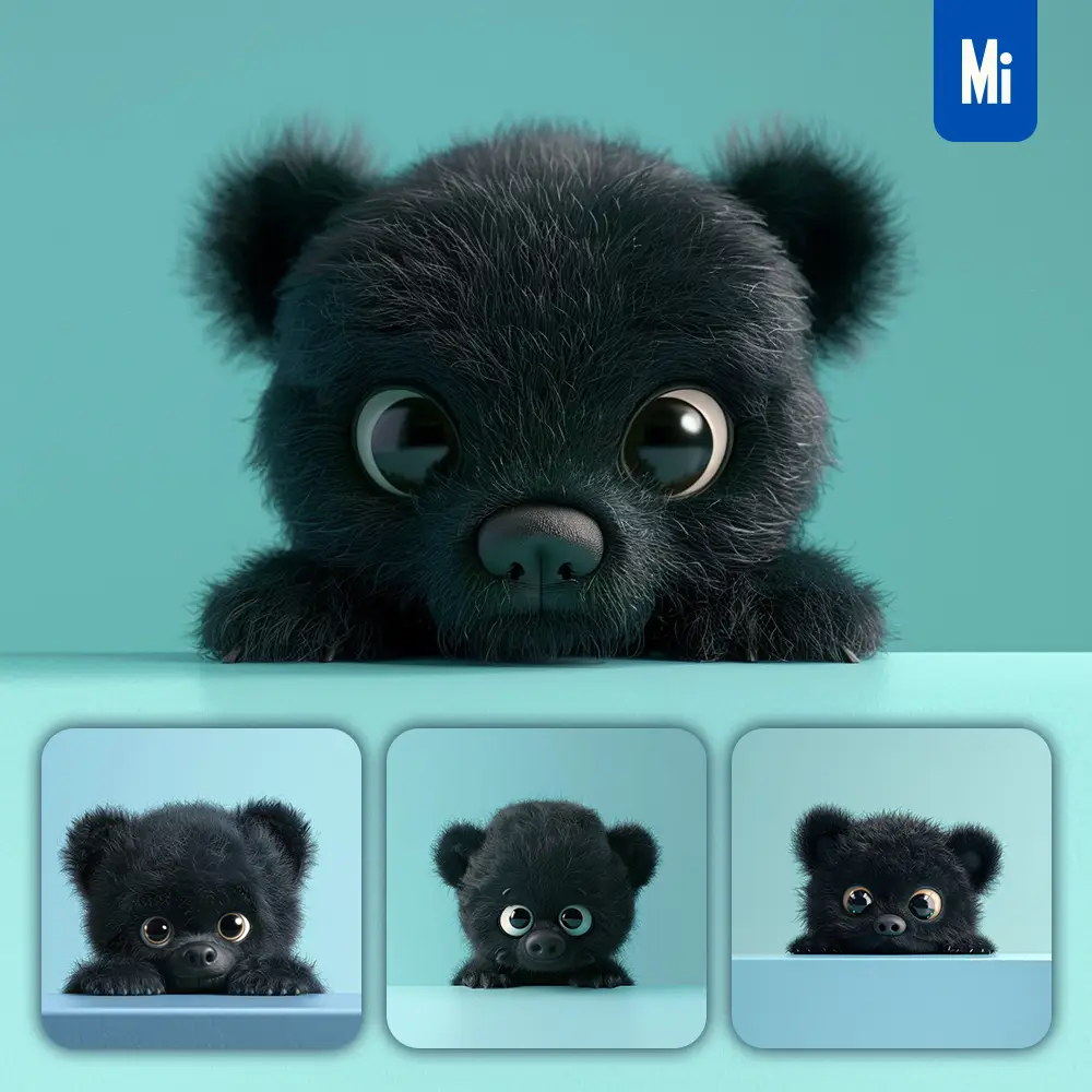 Midjourney Prompt Bear Black Plush Toy Head Cute Front 3D Animation