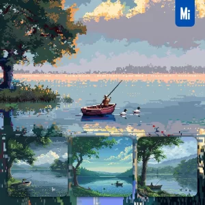 Midjourney Prompt Boat Lake Water Duck Fishing People Shore Pixel Art Illustration