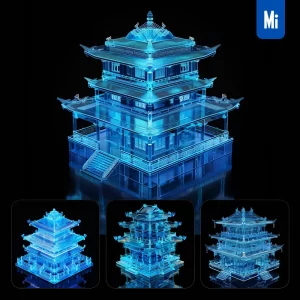 Midjourney Prompt Building Chinese Ancient 3D Blue Transparent Structure