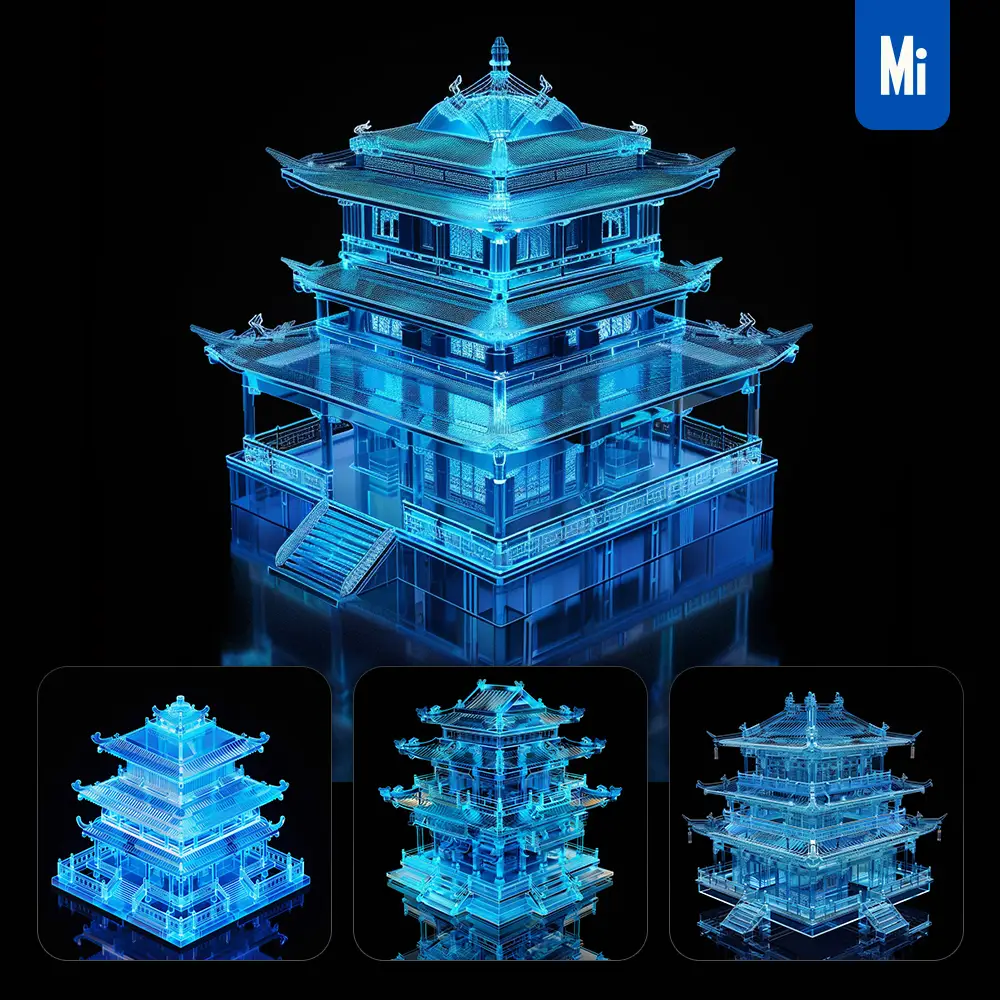 Midjourney Prompt Building Chinese Ancient 3D Blue Transparent Structure