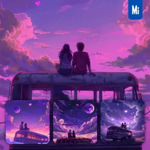 Midjourney Prompt Bus Lovers Sit Heart Love Sky Night Purple Date Animation