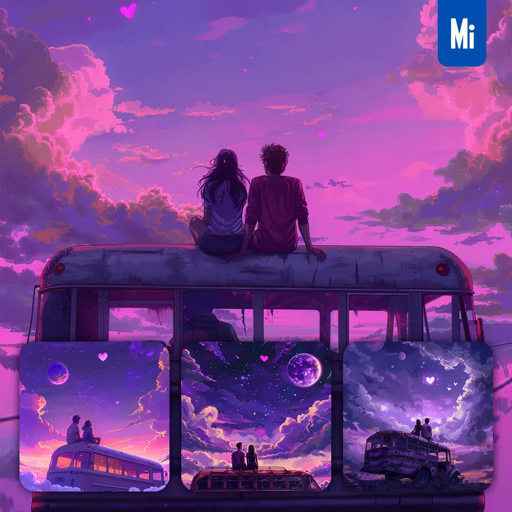 Midjourney Prompt Bus Lovers Sit Heart Love Sky Night Purple Date Animation