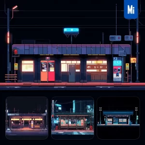 Midjourney Prompt Bus Station Stop Facade Night Cartoon Illustration