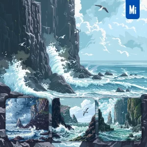 Midjourney Prompt Coastline Rocky Wave Ocean Seabird Cliff Pixel Art Illustration