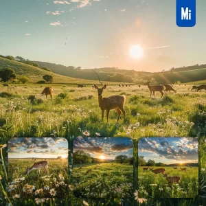 Midjourney Prompt Deer Grass Meadow Wildflower Grazing Sun Grassland Landscape Photography