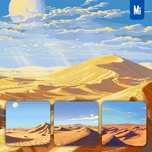 Midjourney Prompt Desert Sand Sun Sky Golden Dune Pixel Art Illustration