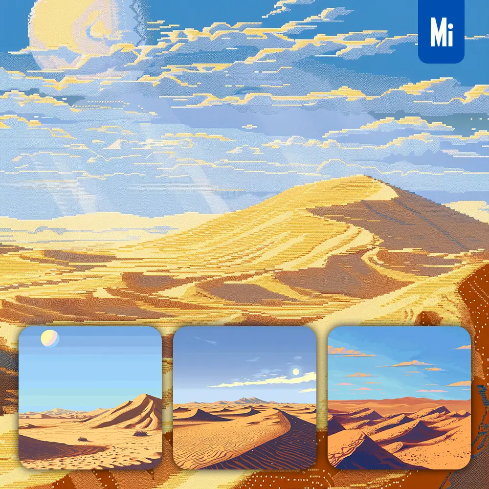 Midjourney Prompt Desert Sand Sun Sky Golden Dune Pixel Art Illustration