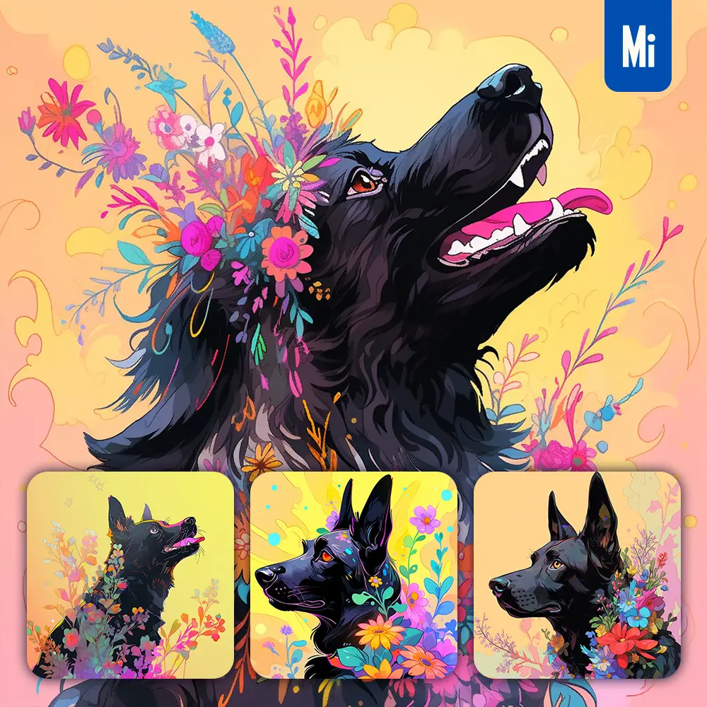 Midjourney Prompt Dog Flower Black Head Colorful Painting Illustration
