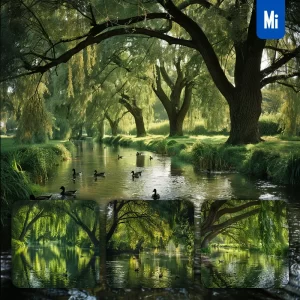 Midjourney Prompt Duck Swimming Lake Riverbank Willow Tree River Landscape Photography