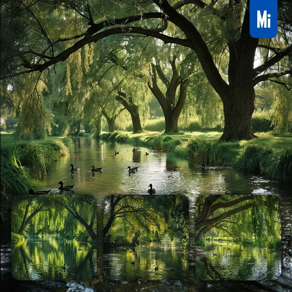 Midjourney Prompt Duck Swimming Lake Riverbank Willow Tree River Landscape Photography
