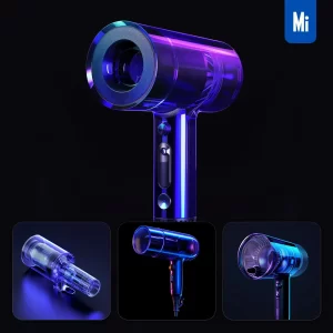 Midjourney Prompt Dyson Hair Dryer 3D Blue Transparent Structure