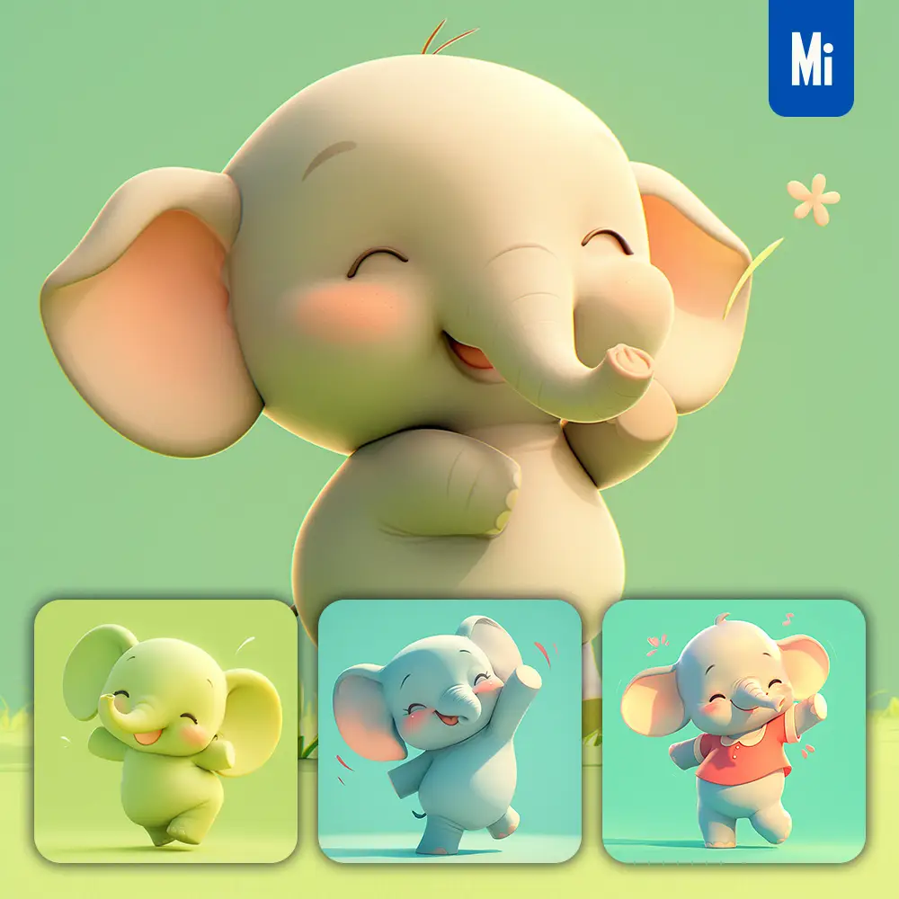 Midjourney Prompt Elephant Cute Happy 3D Character Design Cartoon
