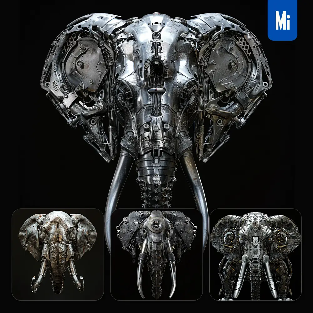 Midjourney Prompt Elephant Mechanical Head 3D Mecha Robotic Science Fiction AI