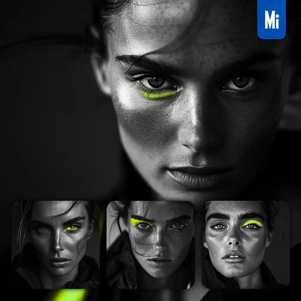 Midjourney Prompt Face Occidental Woman Yellow Portrait Black and White Photography
