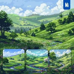Midjourney Prompt Field Countryside Spring Hill Landscape Stream Grassland Pixel Art Illustration