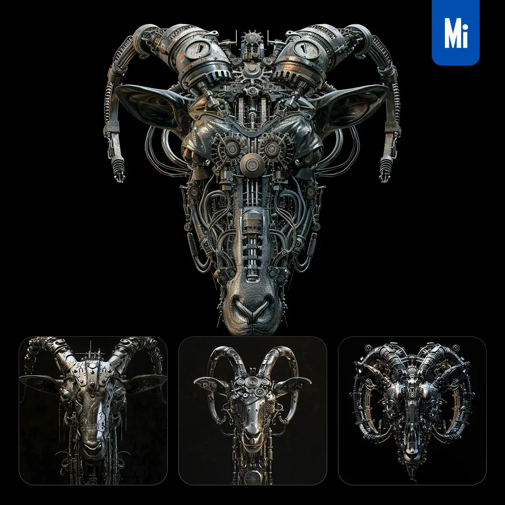 Midjourney Prompt Goat Mechanical Head 3D Mecha Robotic Science Fiction AI