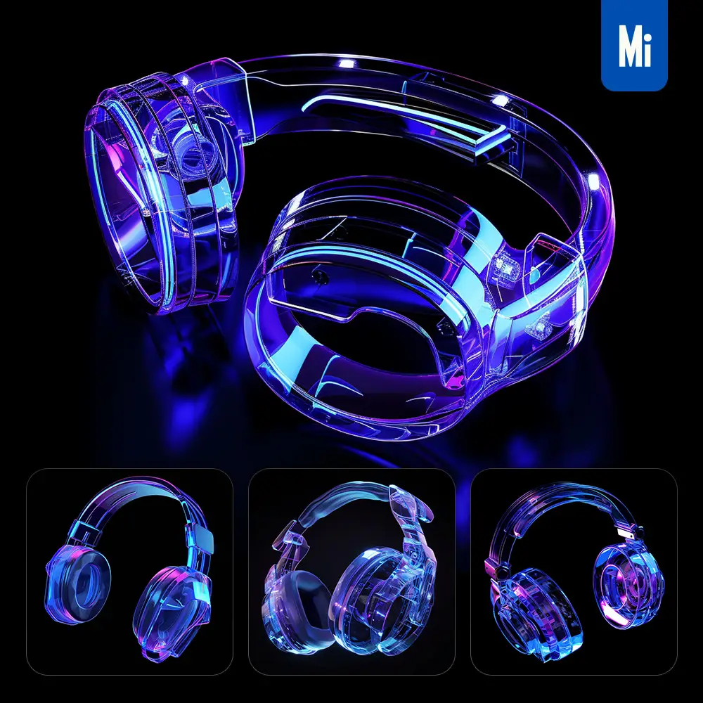 Midjourney Prompt Headset 3D Blue Transparent Structure