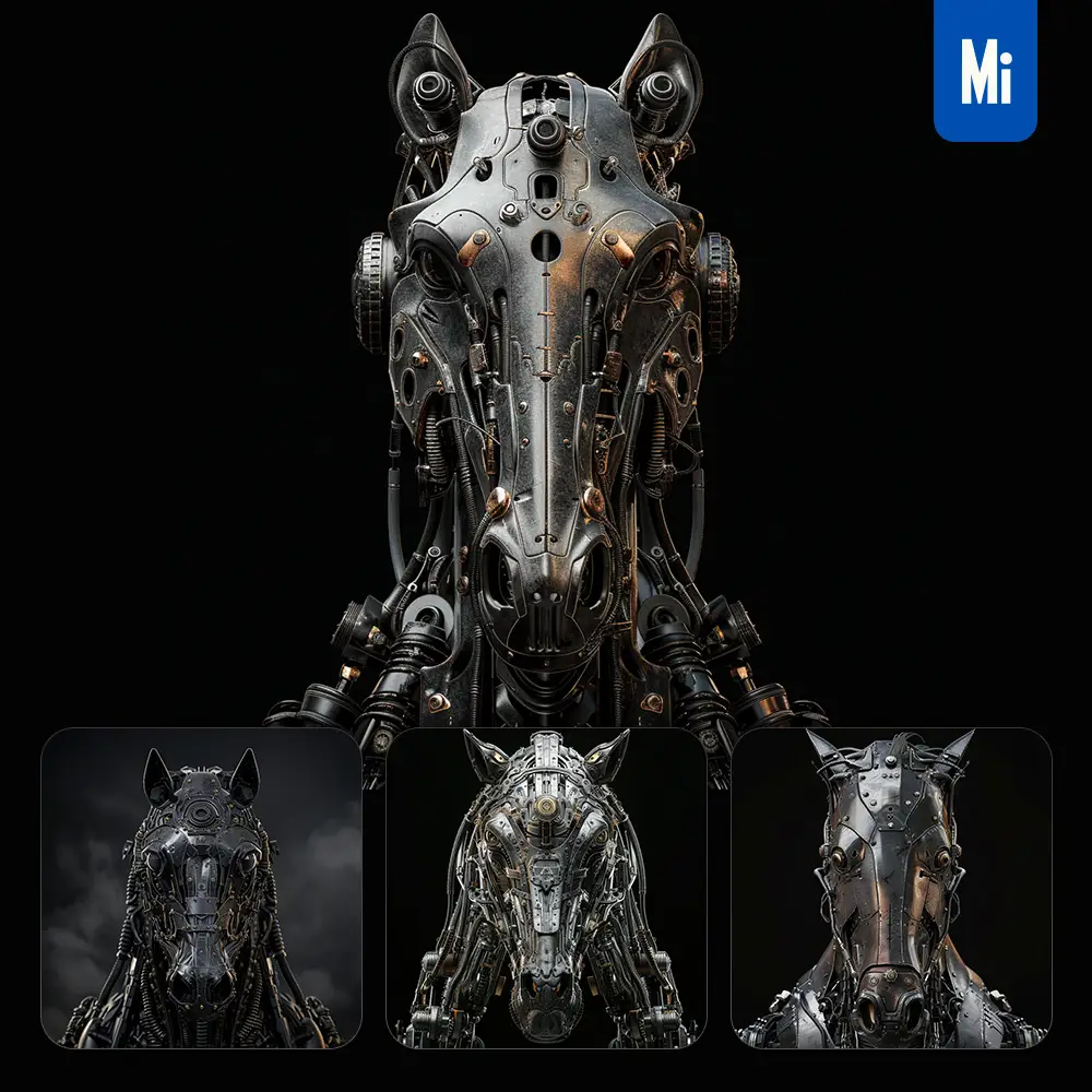 Midjourney Prompt Horse Mechanical Head 3D Mecha Robotic Science Fiction AI