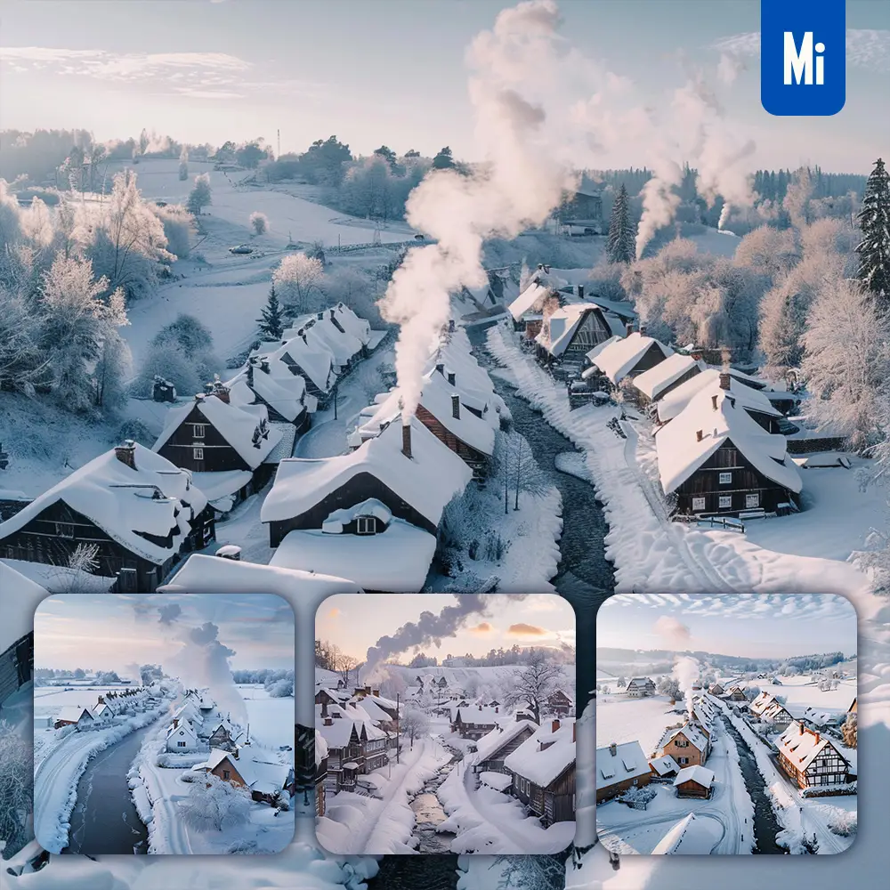 Midjourney Prompt House Snow Snowy Frozen River Village Winter Cottage Town Landscape Photography