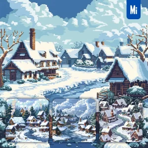 Midjourney Prompt House Snow Snowy Frozen River Village Winter Cottage Town Pixel Art Illustration