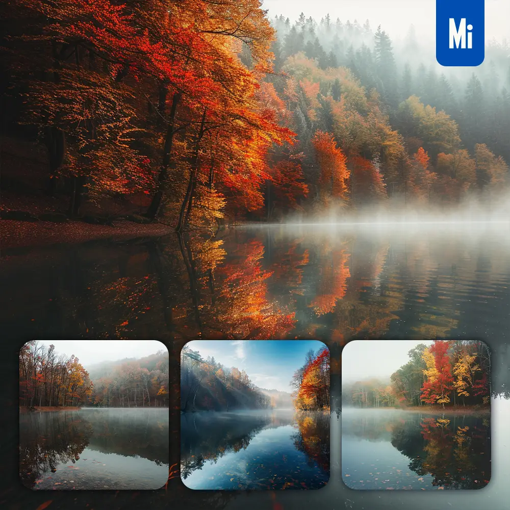 Midjourney Prompt Lake Autumn Mist Water Tree Leaves Landscape Photography