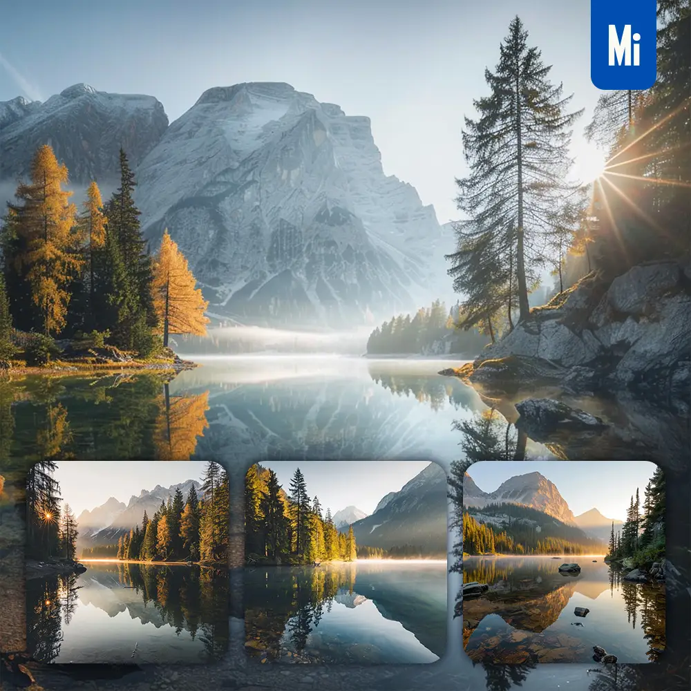 Midjourney Prompt Lake Mountain Water Pine Tree Morning Sun Landscape Photography