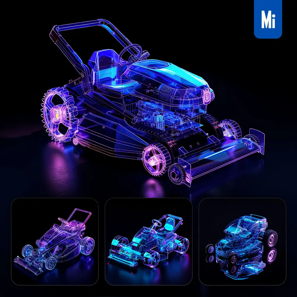 Midjourney Prompt Lawn Mower 3D Blue Transparent Structure