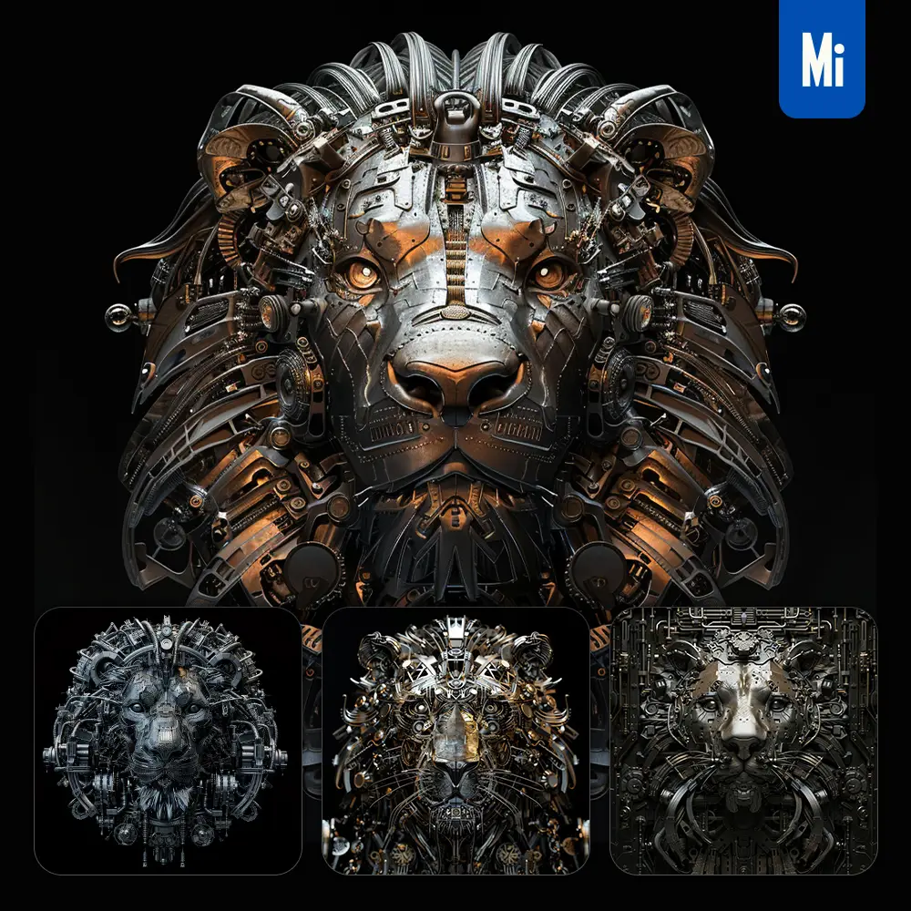 Midjourney Prompt Lion Mechanical Head 3D Mecha Robotic Science Fiction AI