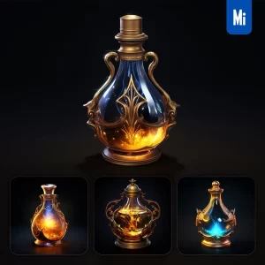 Midjourney Prompt Magic Mana Potion Medicine Bottle Icon 3D Material Game UI Golden Art Gold