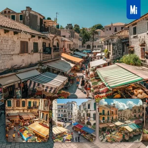 Midjourney Prompt Market Street Square Town Stall People Awning Landscape Photography