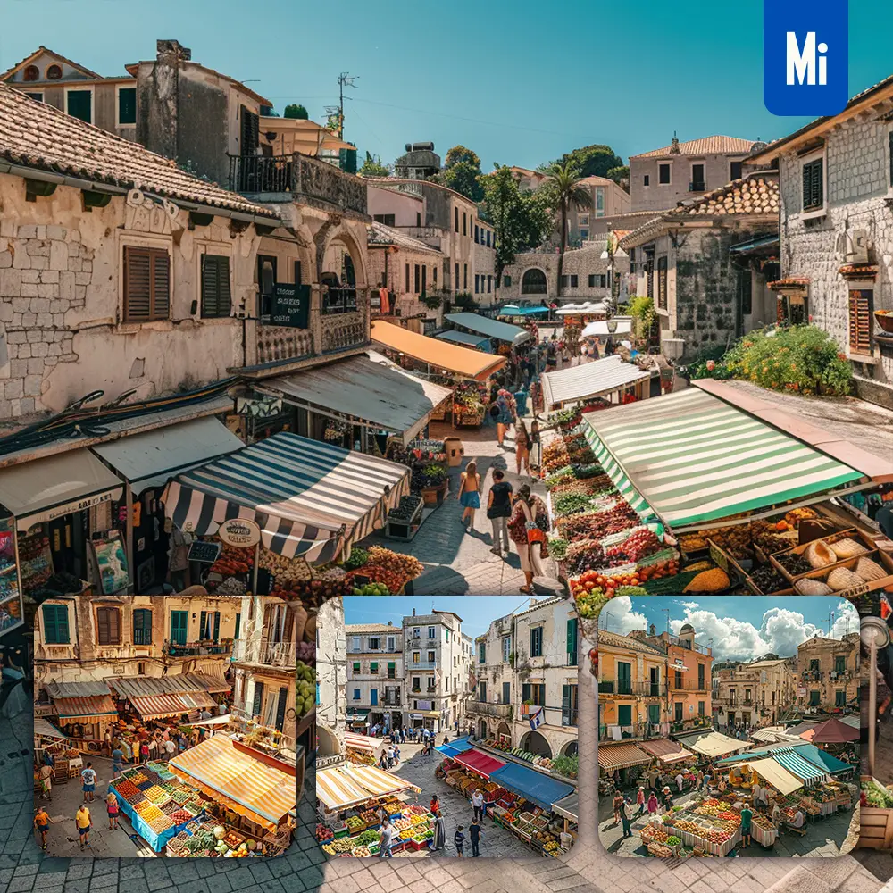 Midjourney Prompt Market Street Square Town Stall People Awning Landscape Photography