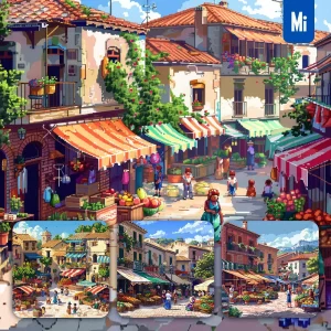 Midjourney Prompt Market Street Square Town Stall People Awning Pixel Art Illustration
