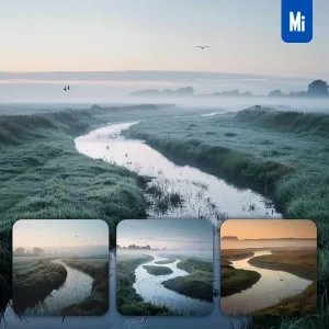 Midjourney Prompt Misty Morning River Mist Foggy Grass Landscape Photography