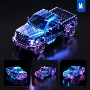 Midjourney Prompt Pickup Truck 3D Blue Transparent Structure