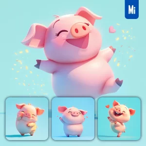 Midjourney Prompt Pig Cute Happy 3D Character Design Cartoon