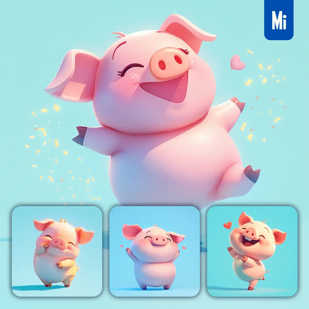 Midjourney Prompt Pig Cute Happy 3D Character Design Cartoon
