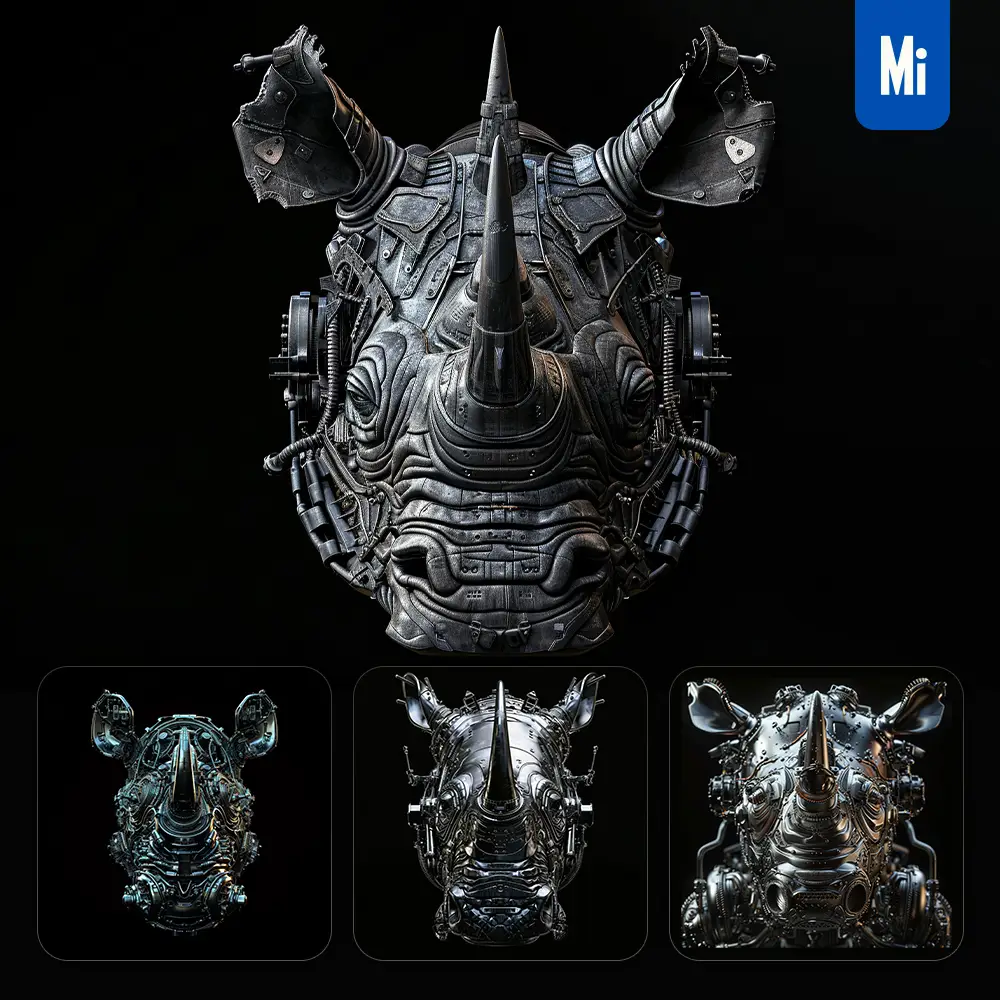Midjourney Prompt Rhinoceros Mechanical Head 3D Mecha Robotic Science Fiction AI