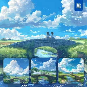 Midjourney Prompt Sky Children Stone Bridge Cloud Field Cartoon Illustration