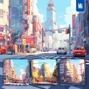 Midjourney Prompt Street Car Building Road Cartoon Illustration