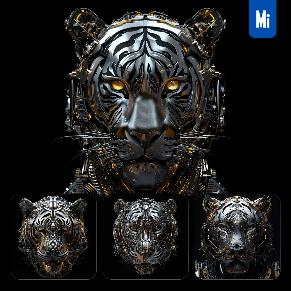 Midjourney Prompt Tiger Mechanical Head 3D Mecha Robotic Science Fiction AI