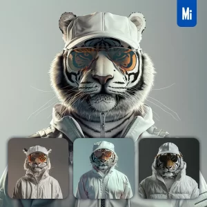 Midjourney Prompt Tiger Portrait Man Cap Tracksuit White Photography